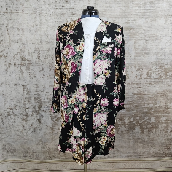 Vintage Pants - Vintage Set Romper & Jacket XS Black Rose Floral Moon Dance 90s 1990s Romantic